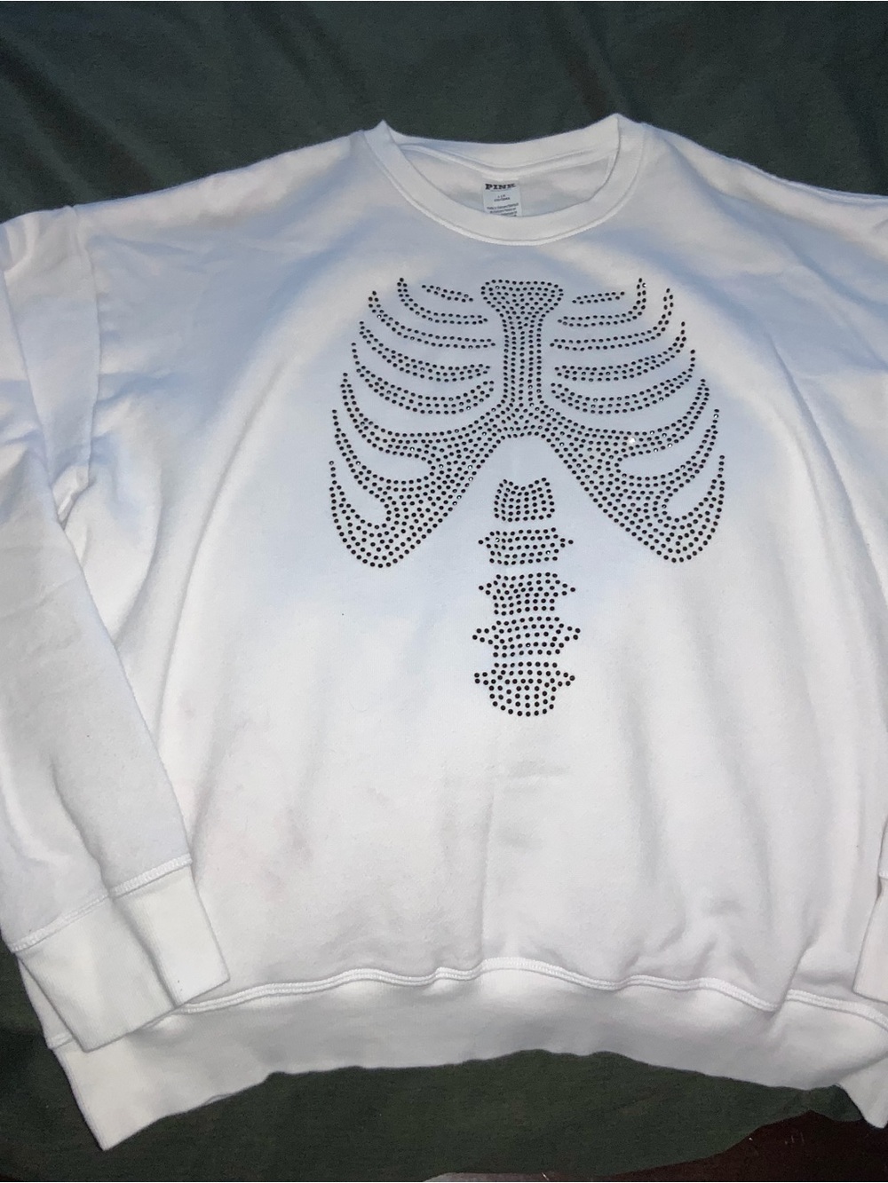 PINK Victoria's Secret White Crewneck with Black Studded Rib Cage Design